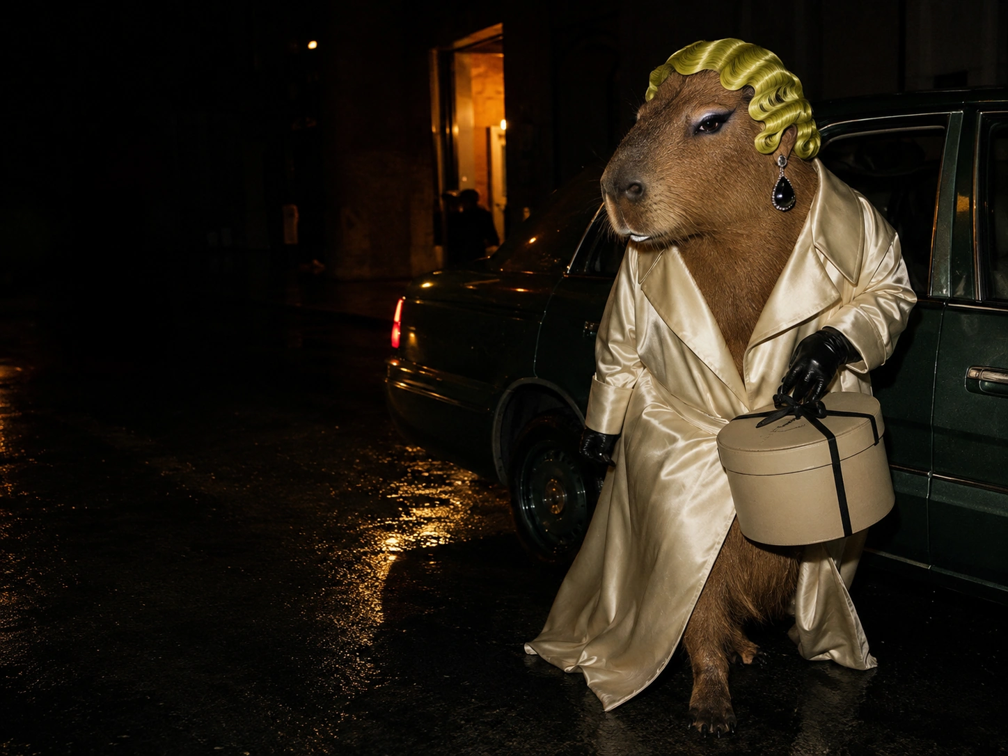 Dahlia Capybara in an ivory satin coat and chartreuse wig leaving the Lantern Room at night with a cream hatbox.