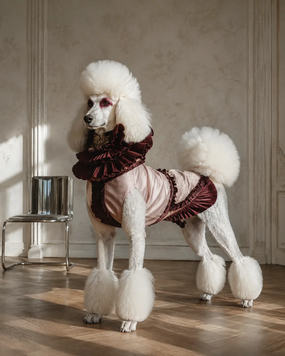 Paris Poodle in oxblood and powder-pink sculptural couture in a sparse salon.