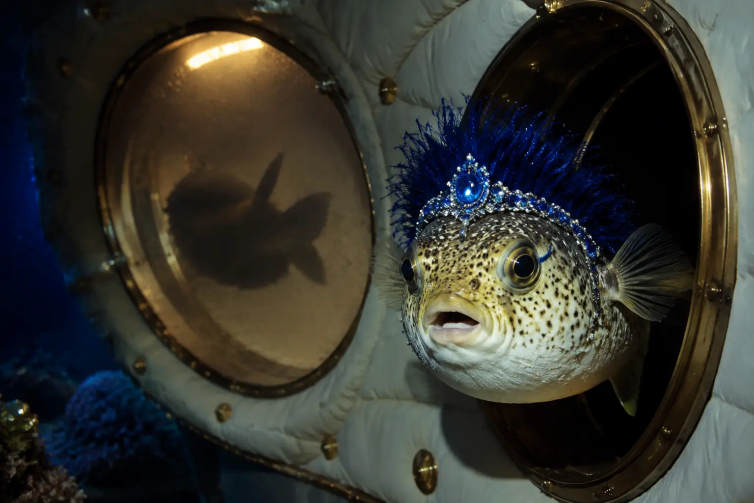 Puff Daddy Deluxe, a jeweled pufferfish, emerging from a brass private-sub hatch at night.