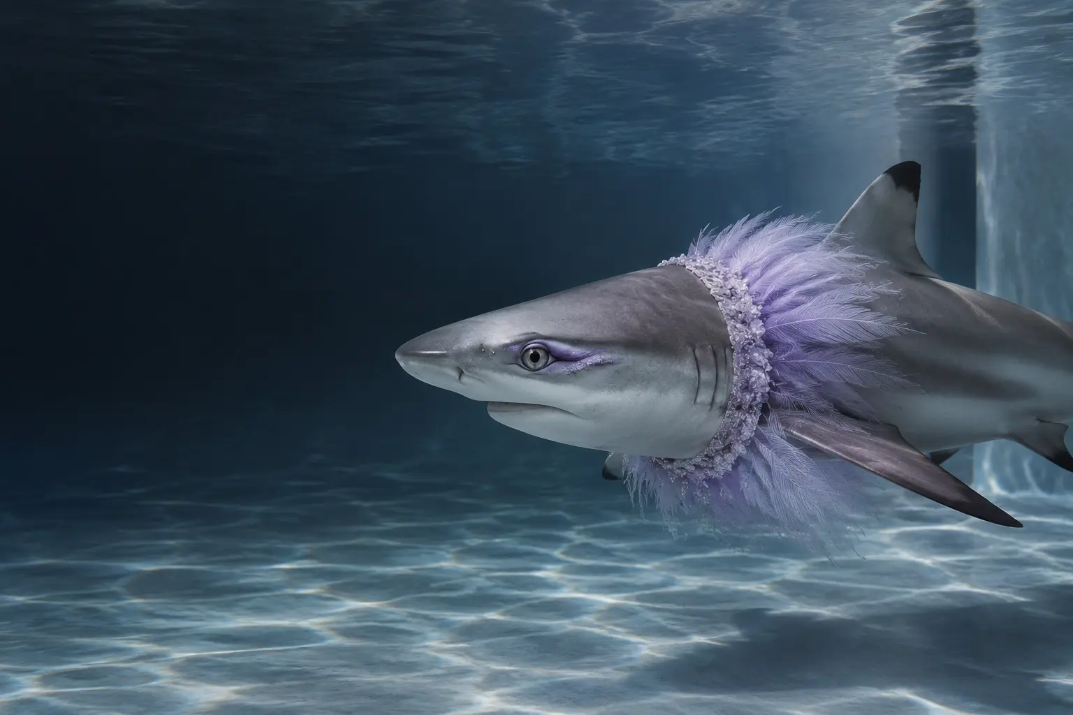 Lavender couture details underwater.