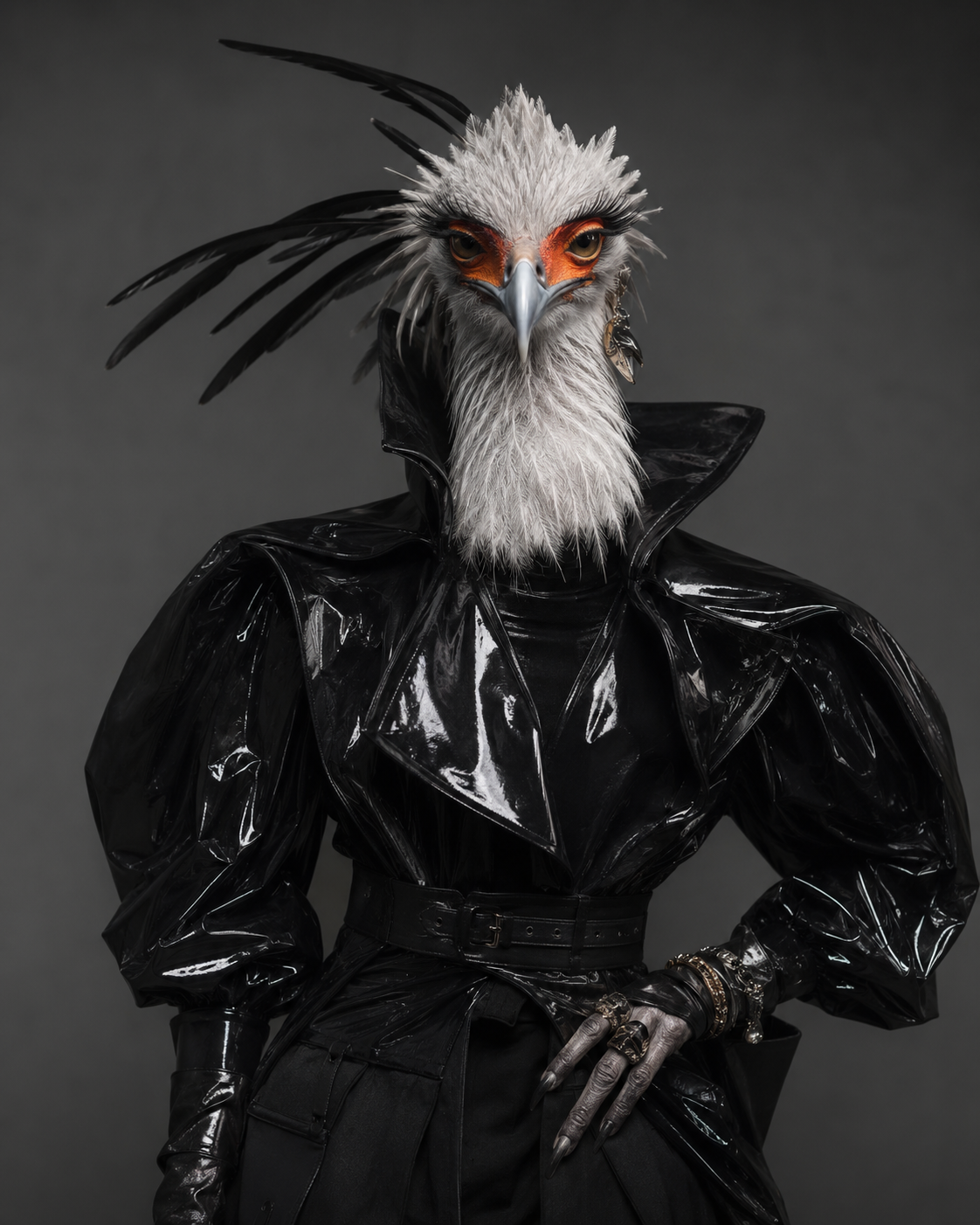 Roobie Chmooby, a secretary bird in severe black couture and sculptural drag styling, photographed in the WILD CREATURE editorial office.