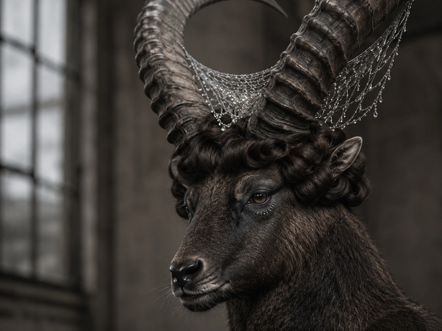 A close beauty portrait of Celeste showing her curved horns, compact espresso marcel-wave wig, crystal hair net and precise graphite-and-silver eye make-up.