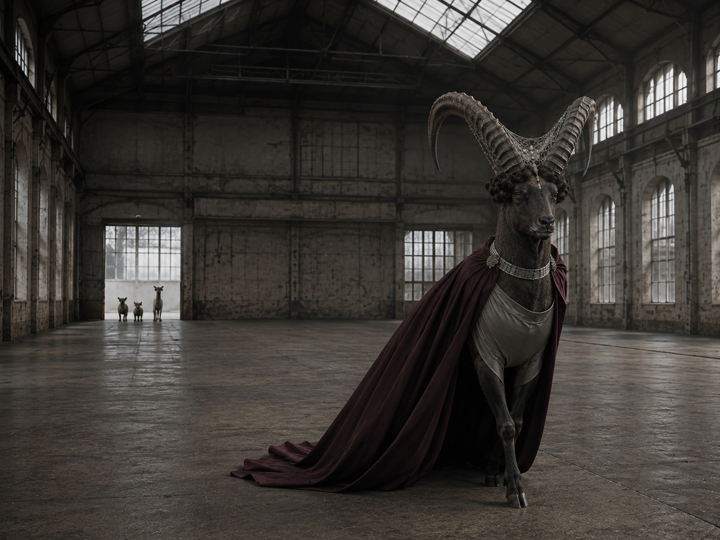 Celeste walks across the empty tram depot in an oxblood cape during a runway rehearsal while members of the animal atelier team watch from a distant doorway.